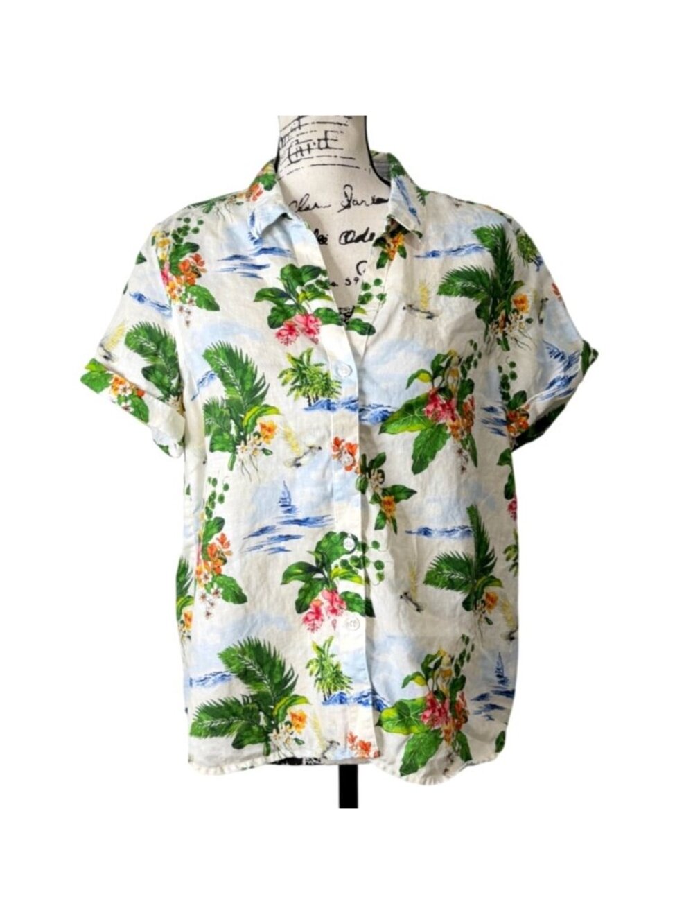 Tommy Bahama Women Sz S Short Sleeve Top Serene Seaside Linen Button-Up Tropical